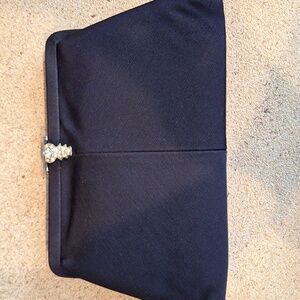Vintage JR Clutch Navy Fabric Evening Bag W/Attached Coin Purse Rhinestone Clasp
